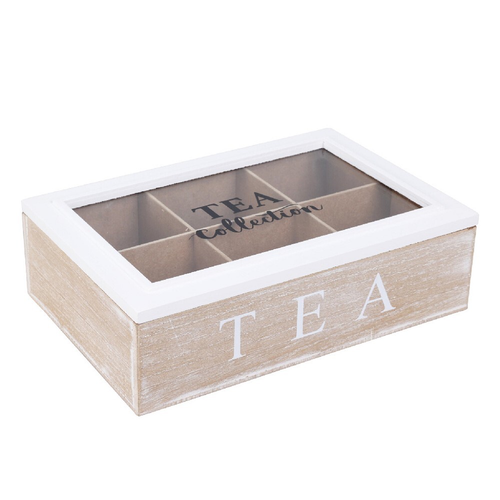 Box na čaje se šesti přihrádkami, dřevo s bílým víkem