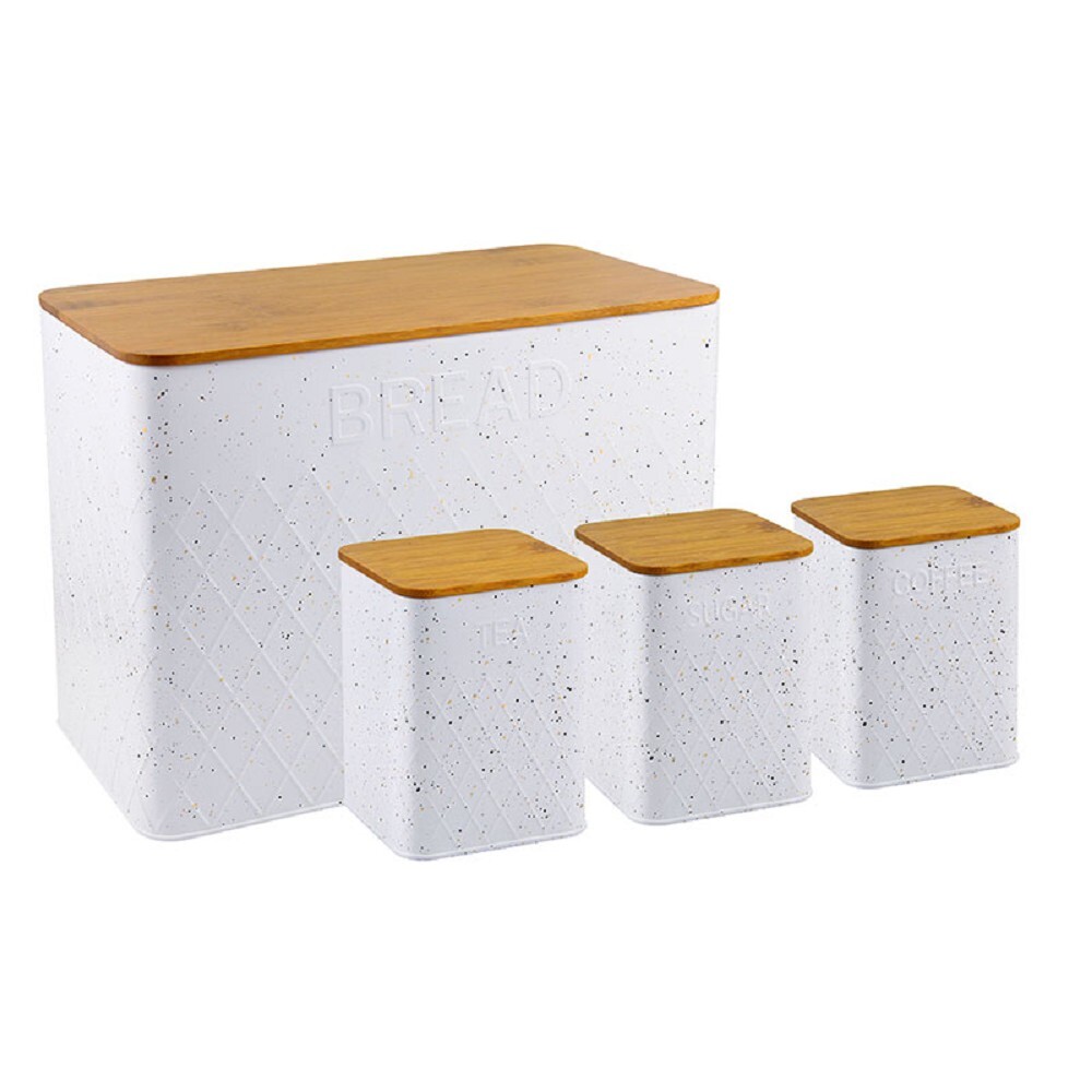 HAUS ROLAND Chlebník kovový+dózy na potraviny,kov s bamb. dřevem,barva bílá