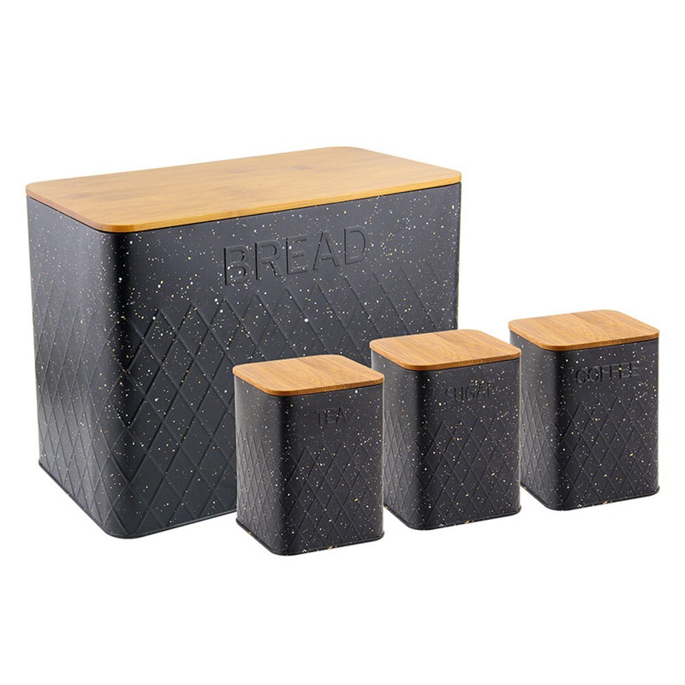 HAUS ROLAND Chlebník kovový + 3 dózy na potraviny, kov s bamb. dřevem,barva černá