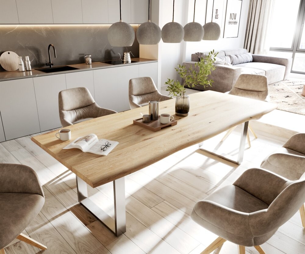 Jídelní stůl Edge 200x100 cm přírodní dub nerezová úzká obávací pokoj-