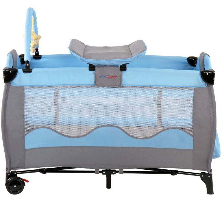 Infantastic 74114 Cestovní dětská postýlka s přebalovacím pultem, modrá/šedá