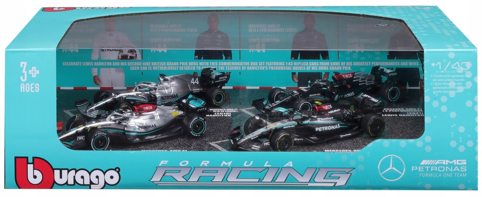 Bburago 1:43 RACE Formula F1 4PAC Mercedes-AMG F1 W15 (2024) #44 L.Hamil ton #63 G.Russel