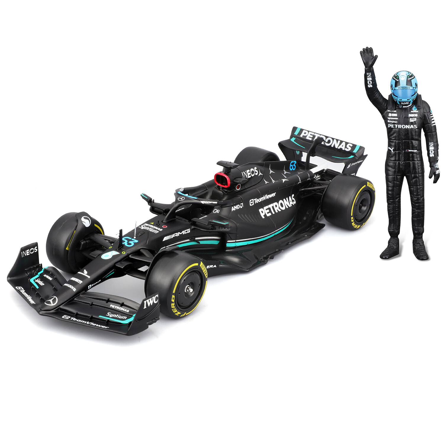 Bburago 1:24 RACE Formula F1 - Mercedes-AMG F1 W14 E (2023) #63 George Russell with driver and decor