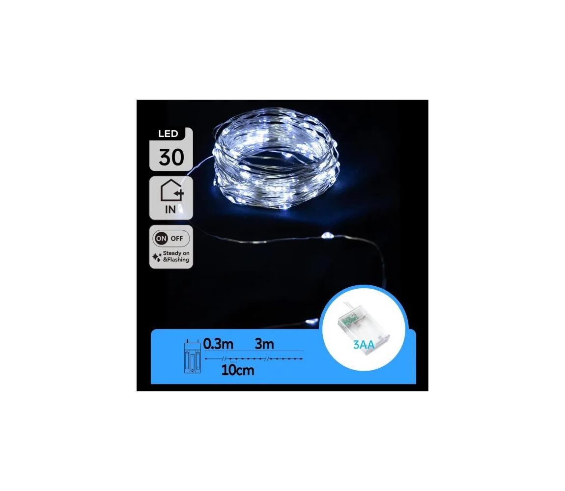 B.V.  - LED Vánoční řetěz 30xLED/3xAA 3,3 m studená bílá B10303KP0