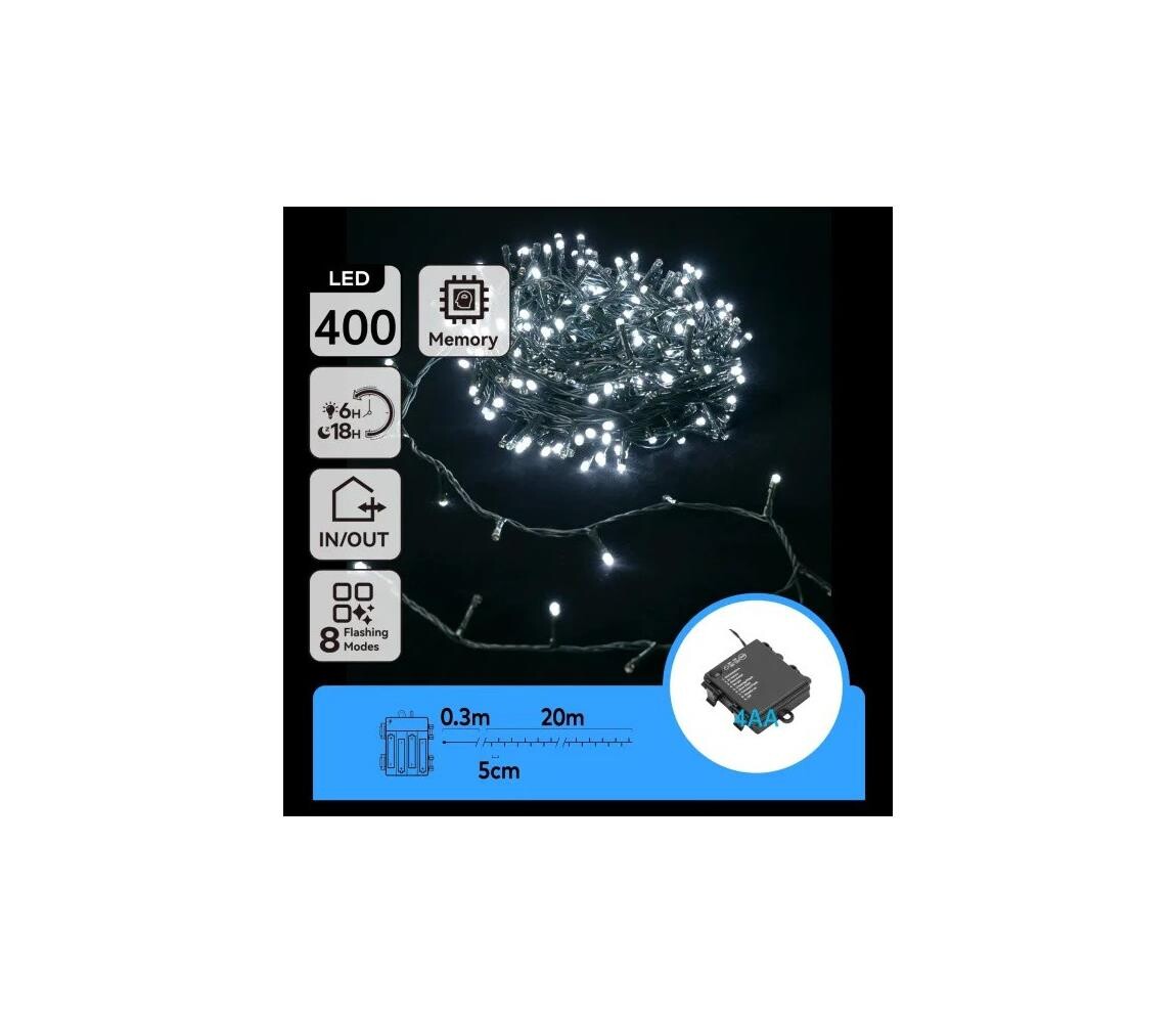 B.V.  - LED Venkovní vánoční řetěz 400xLED/8 funkcí 4xAA 20,3 m studená bílá B10303KW8