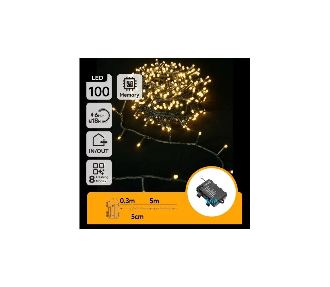 B.V.  - LED Ven. vánoční řetěz 100xLED/8 funkcí 3xAA 5,3 m IP44 teplá bílá B10303K2J