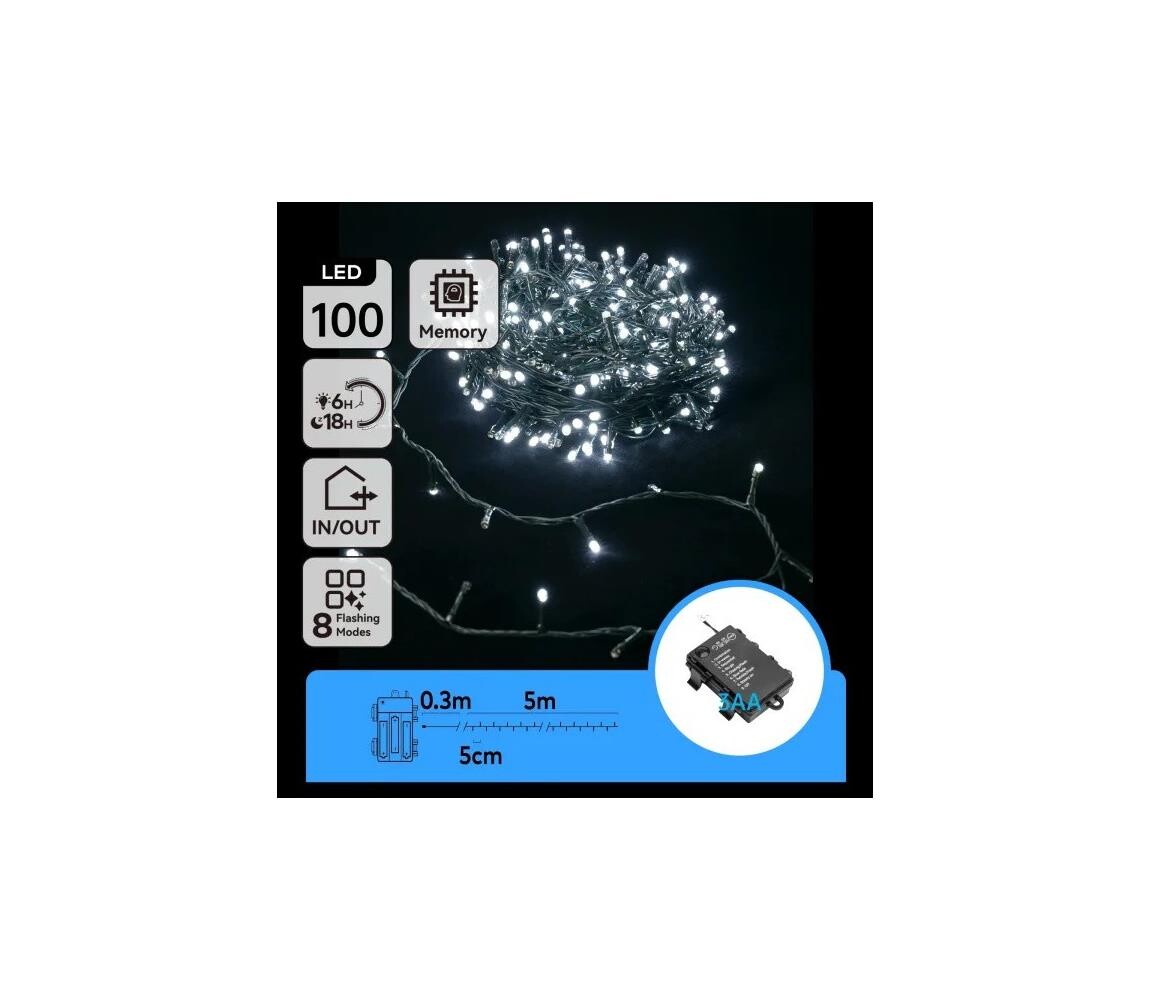 B.V.  - LED Ven. vánoční řetěz 100xLED/8 funkcí 3xAA 5,3 m IP44 studená bílá B10303K2M