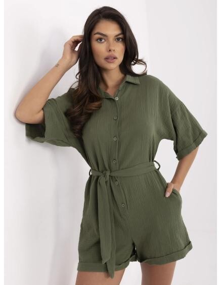 Khaki mušelínový overal s vázacím páskem