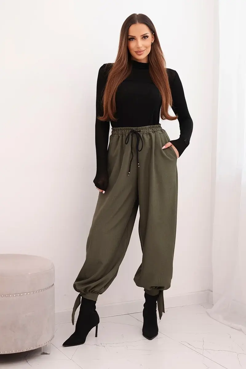 Kesi Włoski Dámské kalhoty s širokým nohavicí a vázáním dole khaki