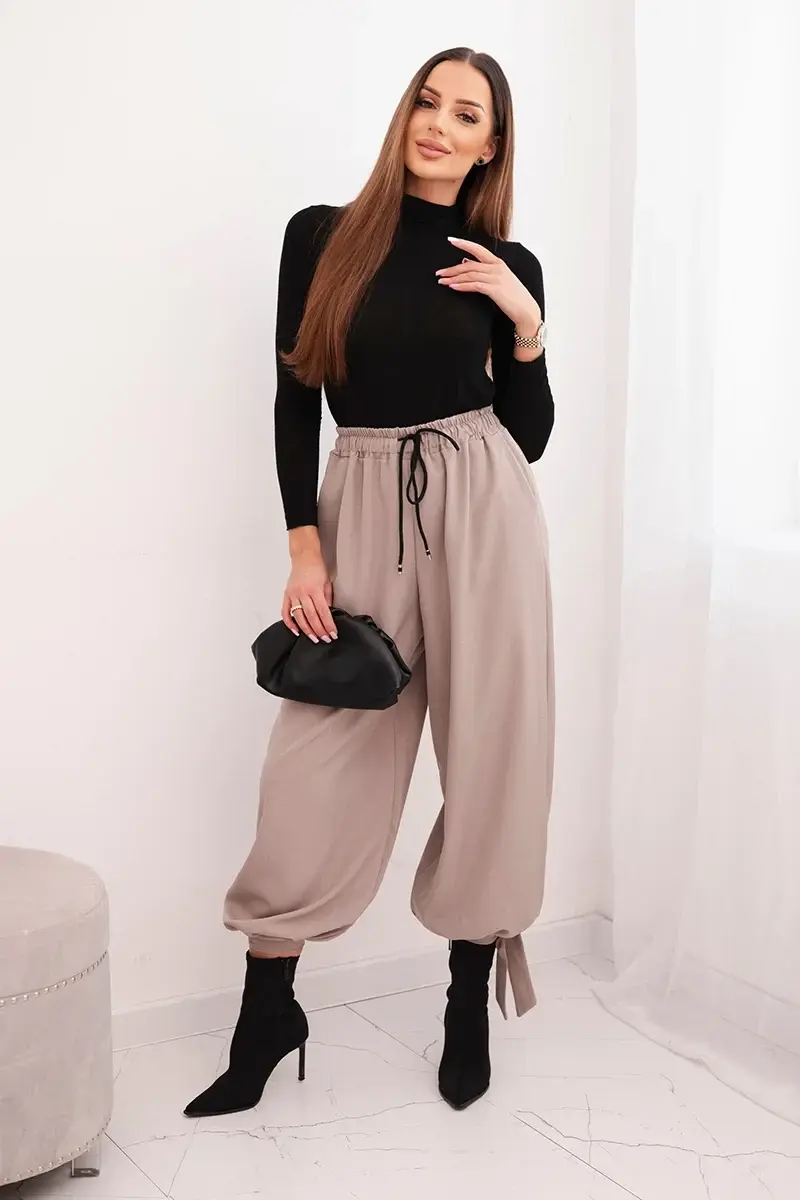 Kesi Włoski Dámské kalhoty se širokými nohavicemi a zavazováním dole fango