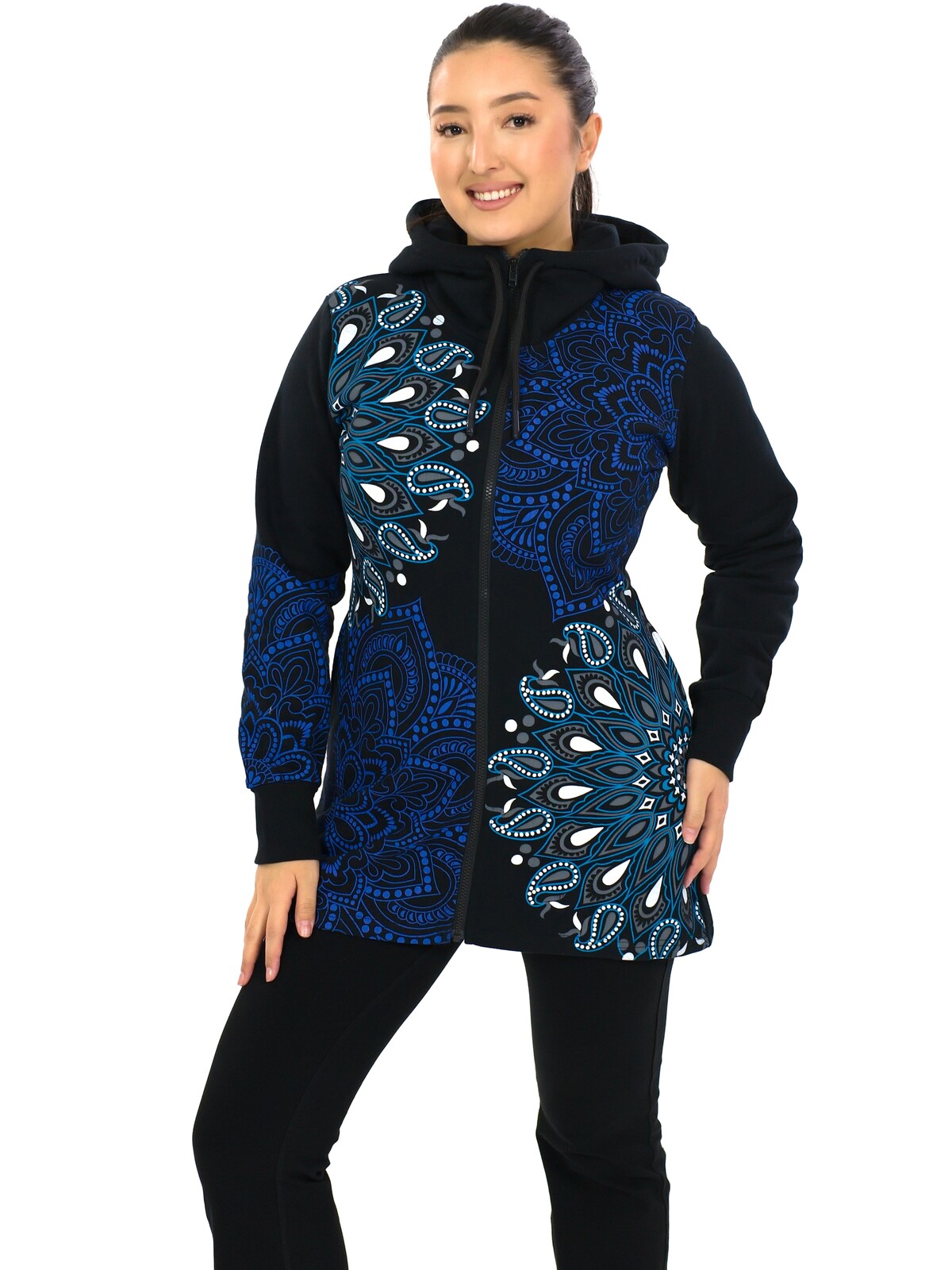 Himalife Hřejivá mikina na zip s kapucí Lila - černá s tyrkysovou a modrou Velikost: S