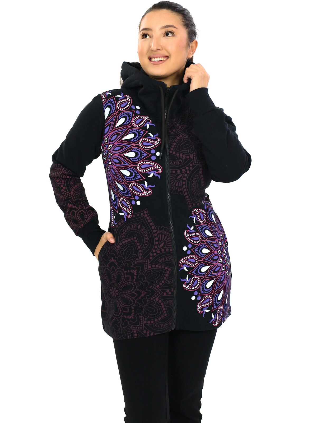 Himalife Hřejivá mikina na zip s kapucí Lila - černá s růžovou a fialovou Velikost: S