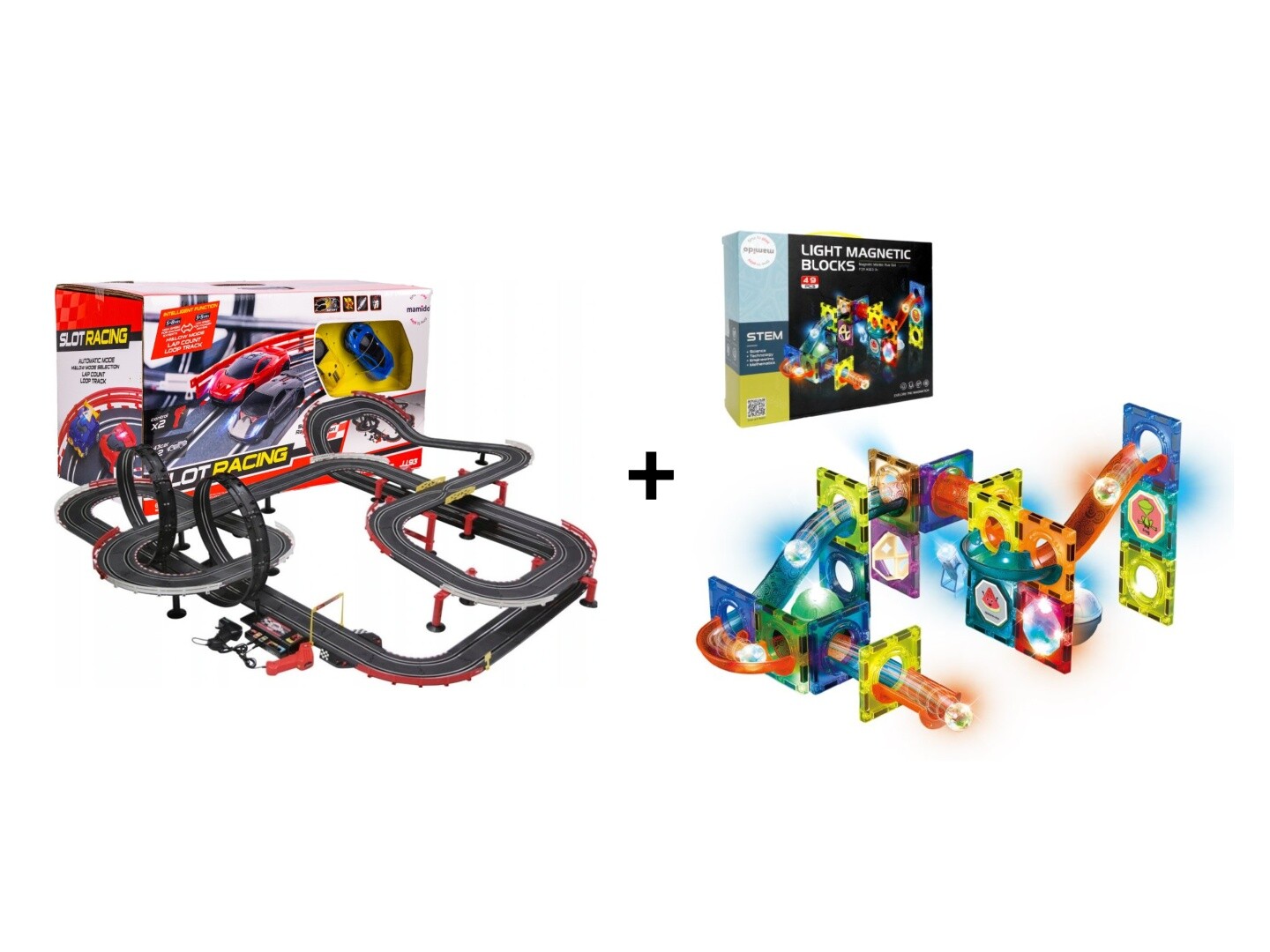 Mamido Mamido Výhodná sada Autodráha Gigant 1420cm + Magnetická svítící stavebnice kuličková dráha 49 dílů