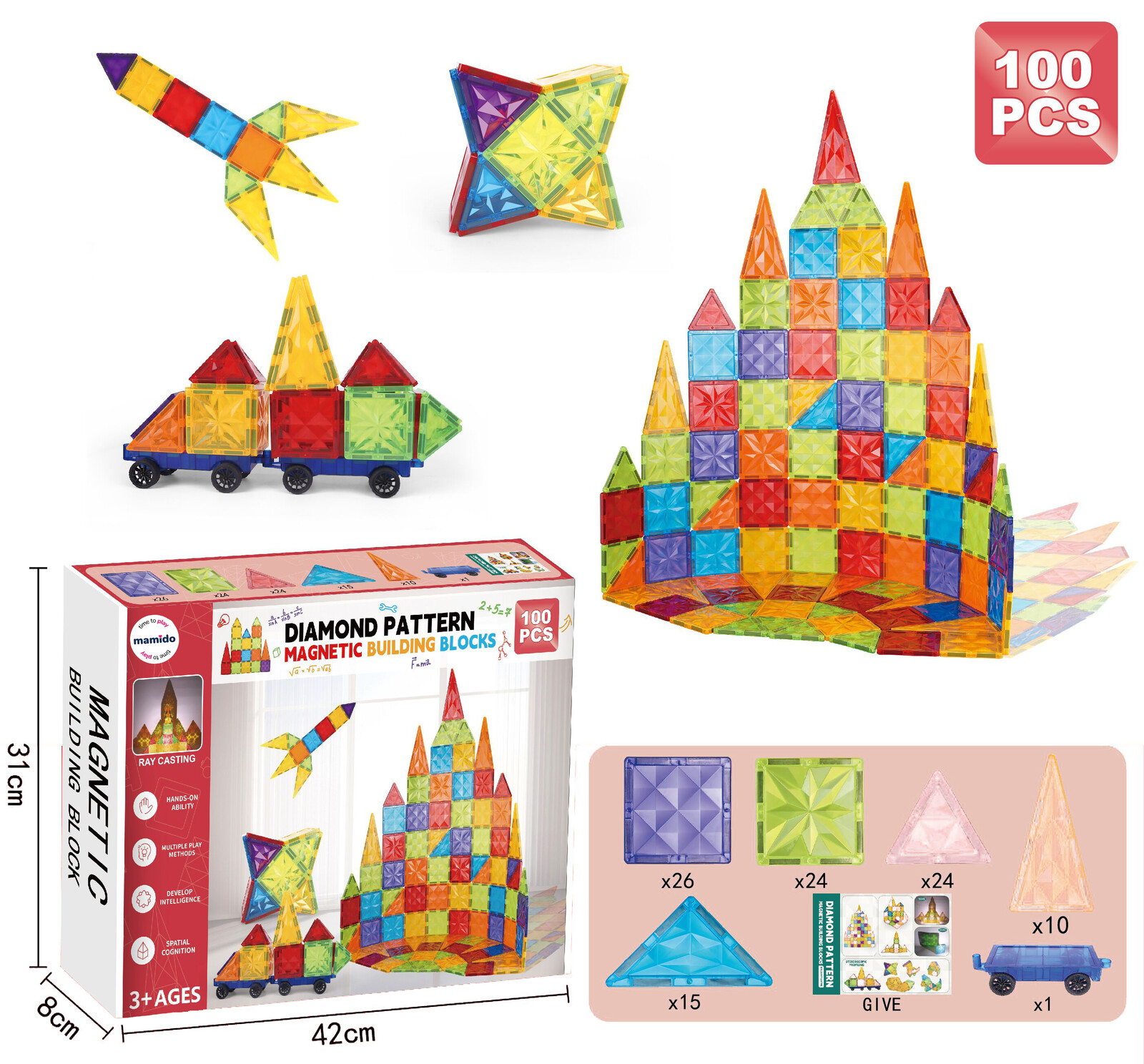 Mamido Mamido Magnetická stavebnice 100 dílů Diamond Pattern MT1162