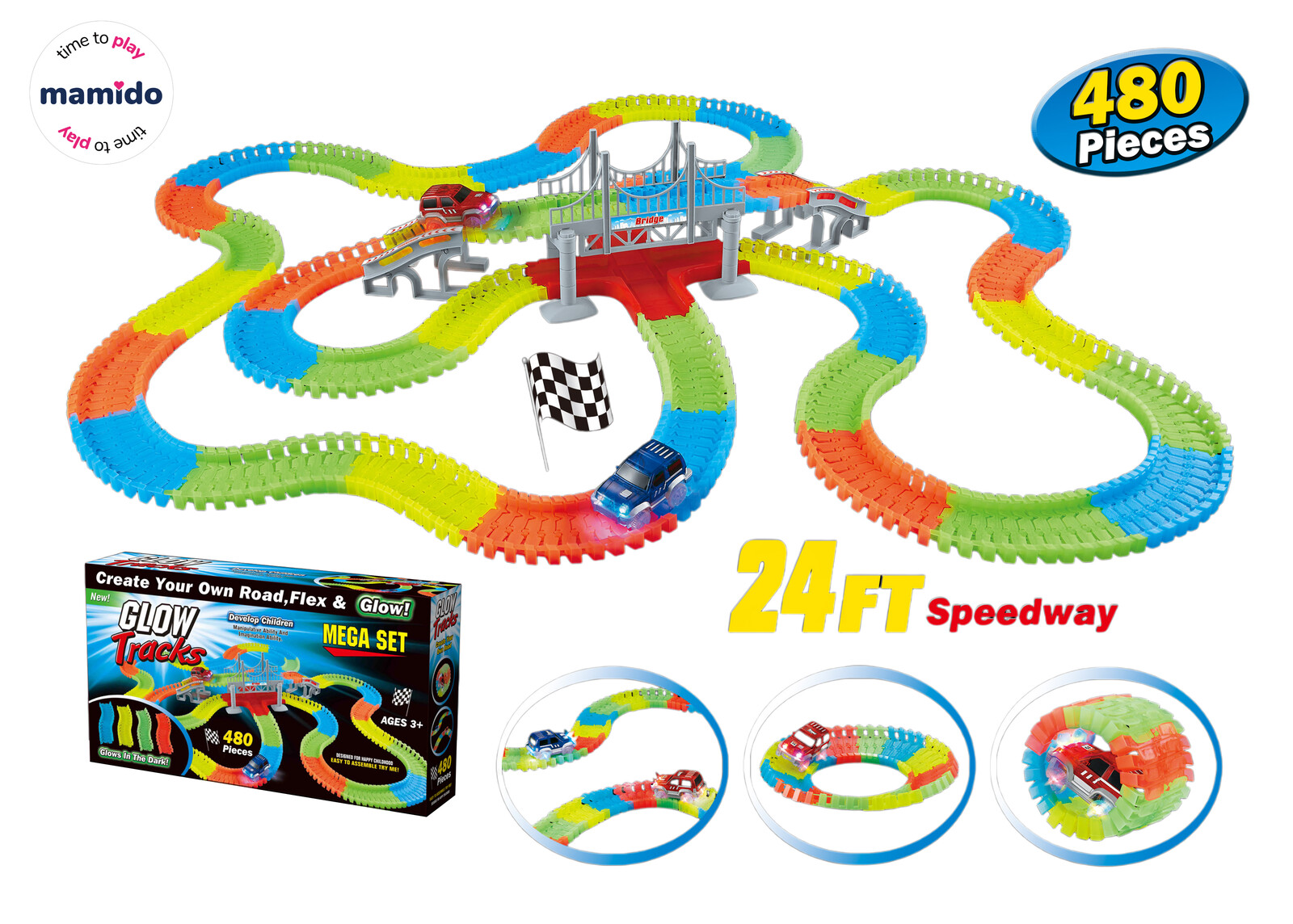 Mamido Mamido Svítící autodráha Glow Tracks 480 dílů, 730 cm