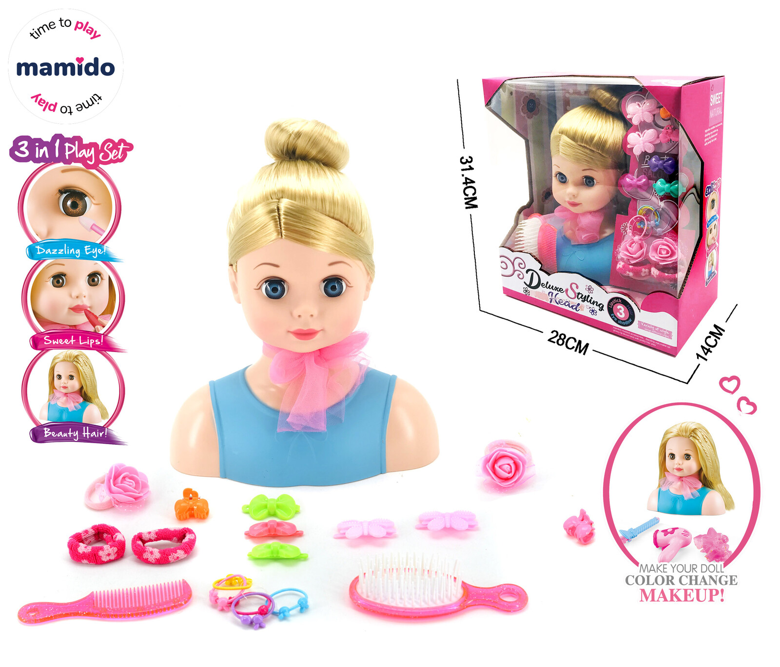 Mamido Mamido Česací hlava s doplňky a make-up modrá, blondýna