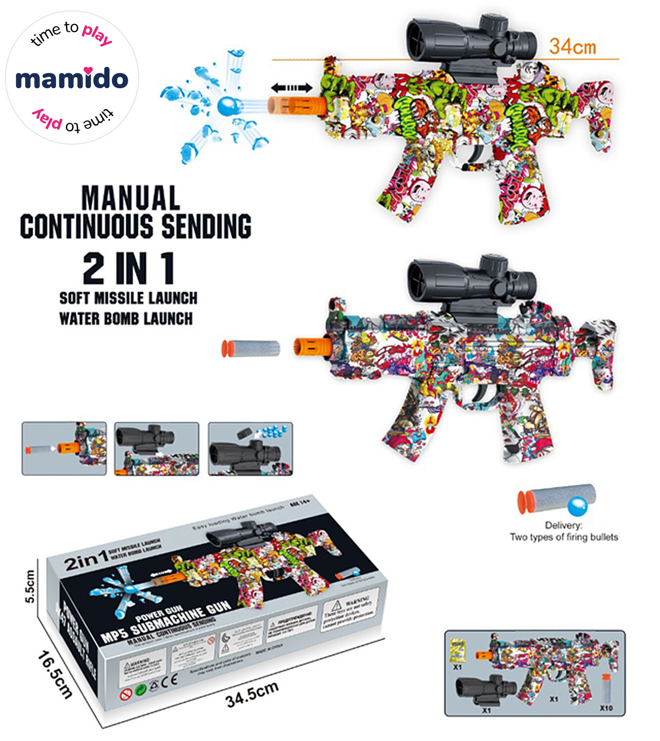 Mamido Mamido Dětská puška 2v1 pěnové náboje a vodní gelové kuličky MP5