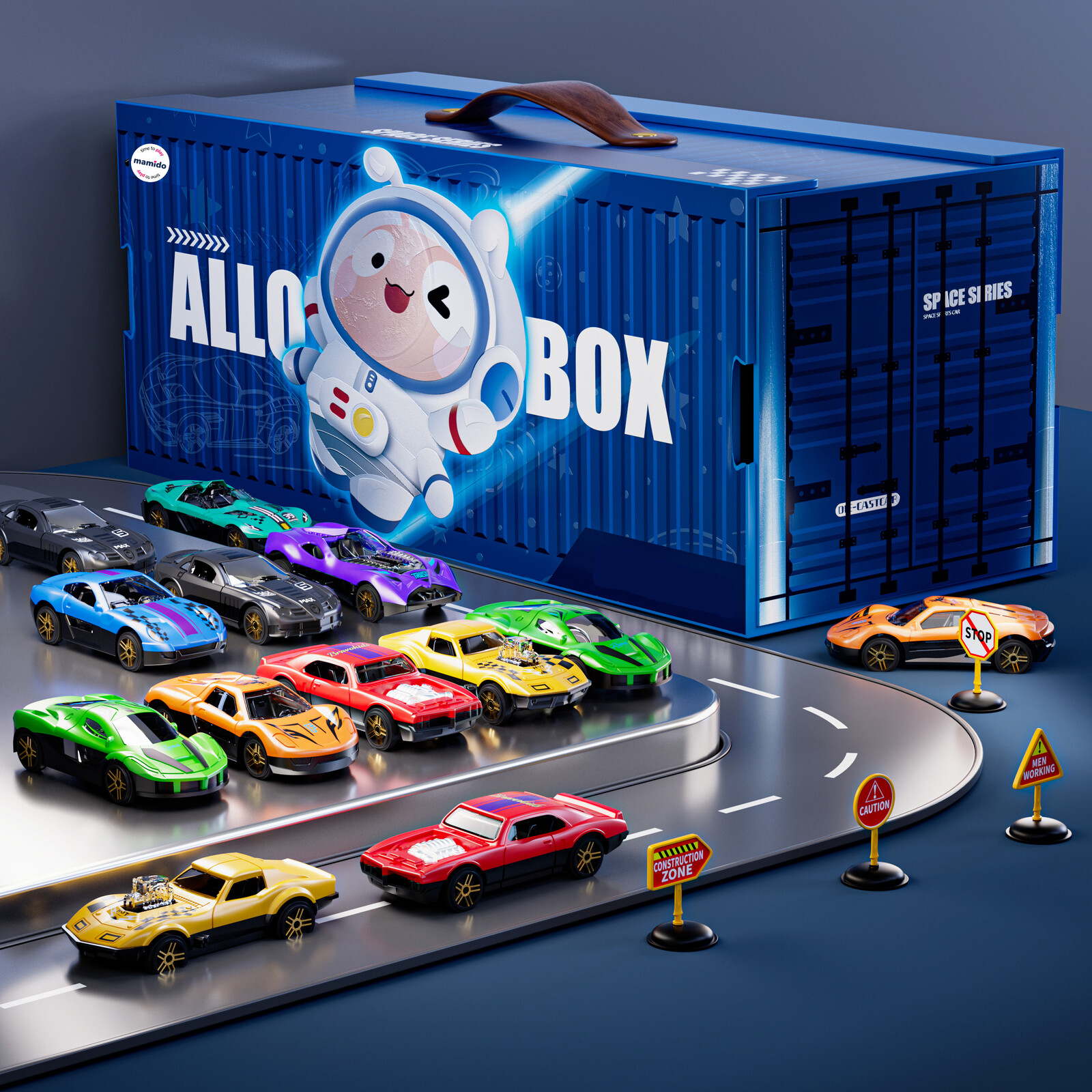 Mamido Mamido Sada 20 kovových autíček v kontejneru, garáž ve tvaru boxu MT1457