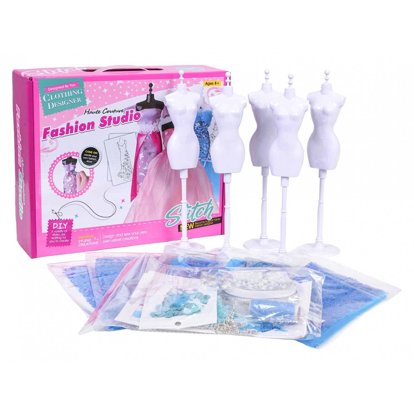 mamido Sada malé návrhářky s modrými materiály a doplňky