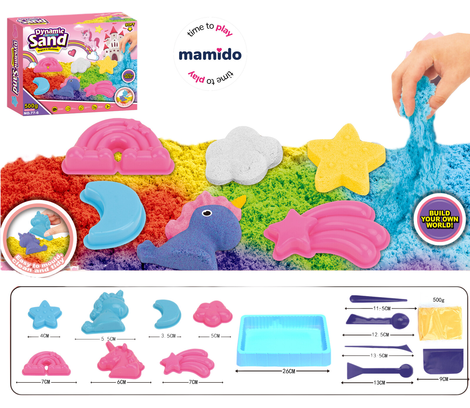Mamido Mamido Sada kinetického písku 500 g s formičkami a podložkou - jednorožci