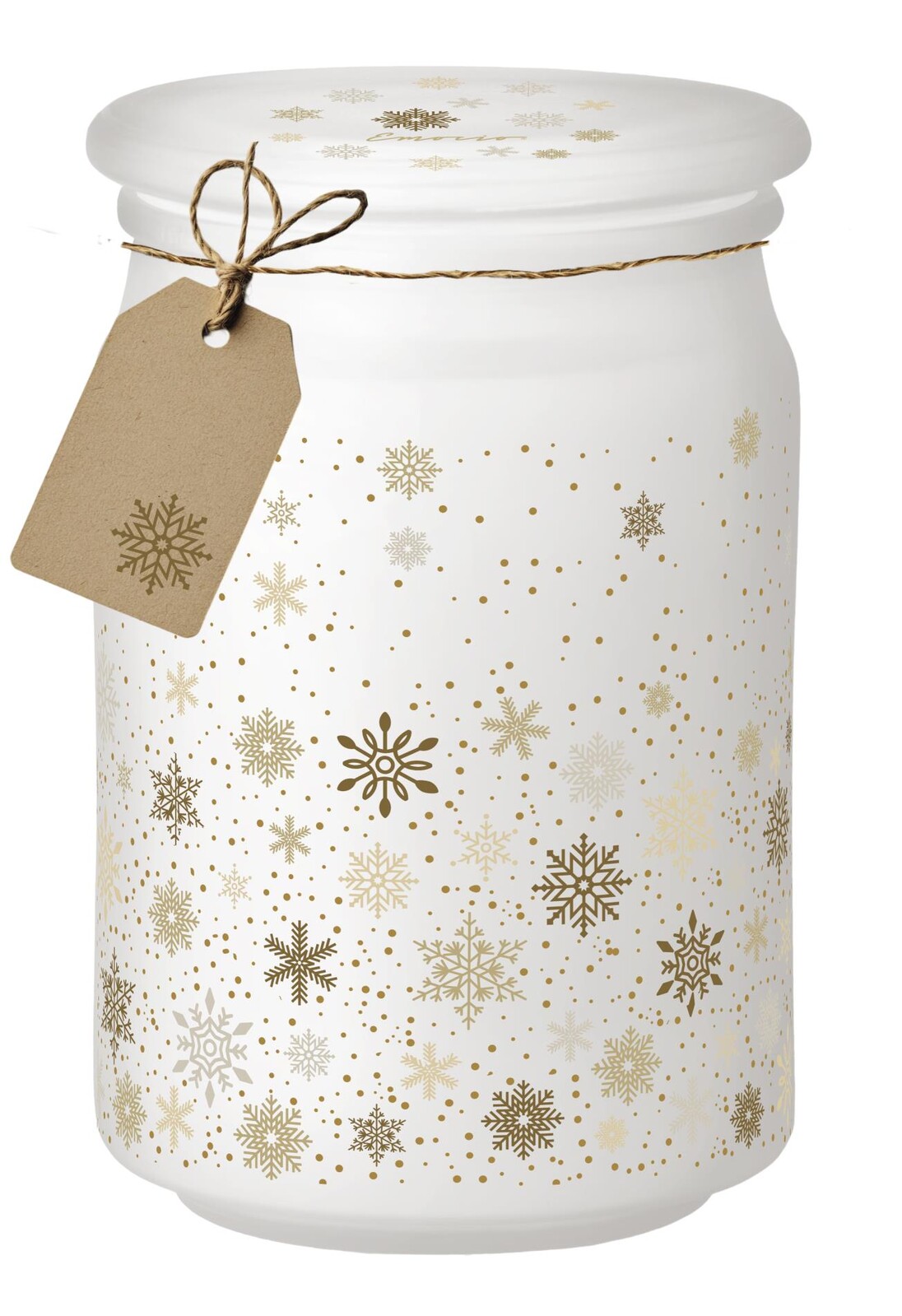 Svíčka se skleněným víčkem, Magic Snow, bílo-zlatá