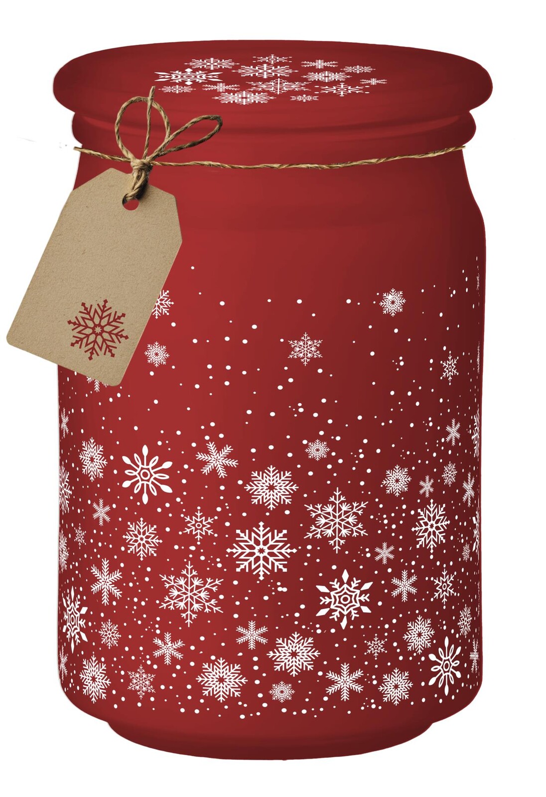 Svíčka se skleněným víčkem, Magic Snow, červeno-bílá