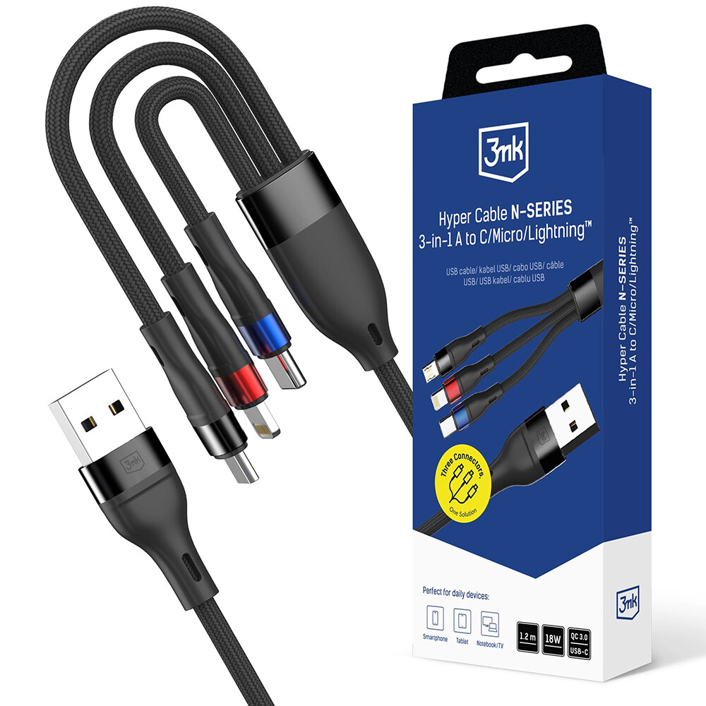 3mk datový kabel Hyper N-Series 3v1 USB na Type-C Lightning Micro 18W 1.2m černý