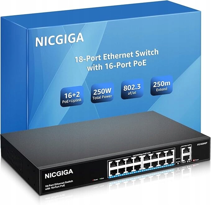 Nicgiga 16 portový switch 250 W s 2 gigabitovými porty Uplink, PoE pr