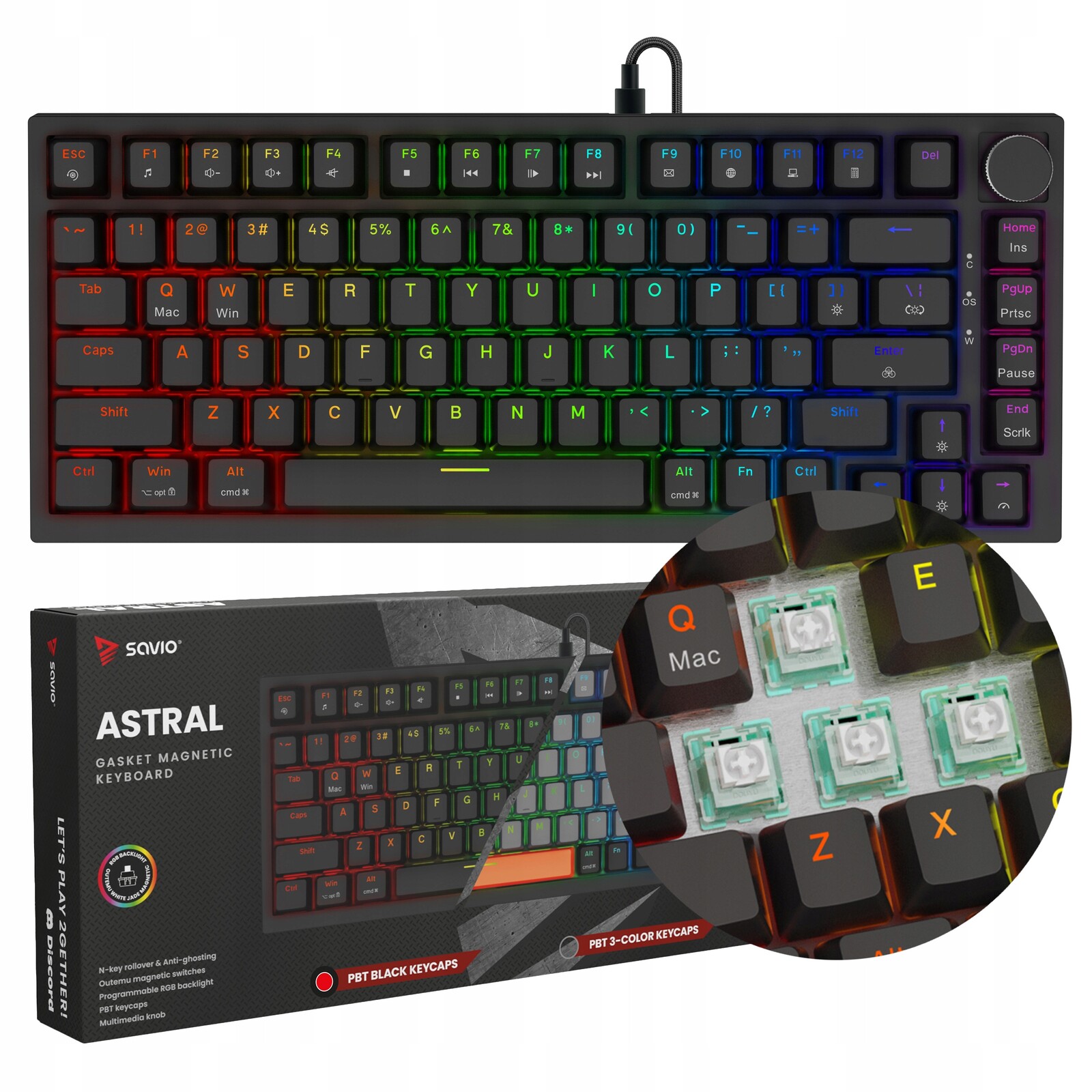Magnetická klávesnice Savio Astral Black Outemu White Jade, Rgb