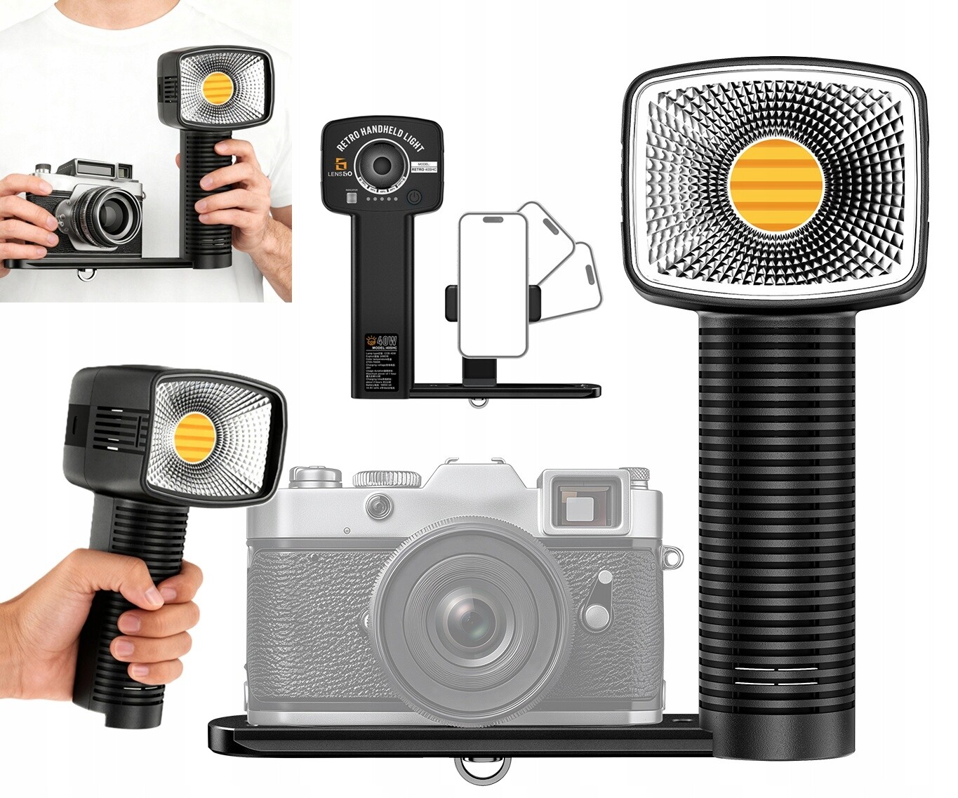 Ruční retro Led lampa 40W Cob pro foto video CRI96 držák telefonu Fotoaparát