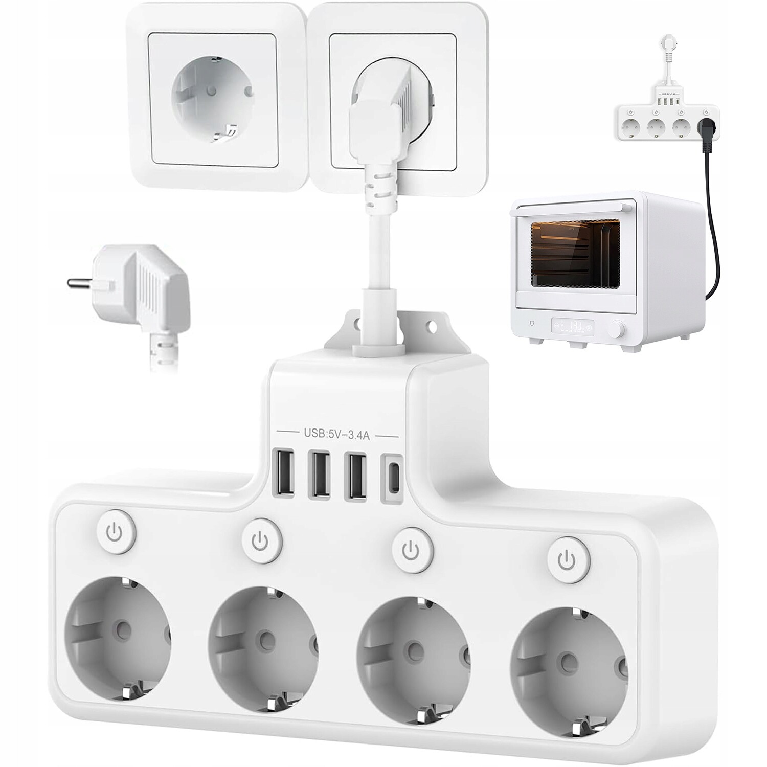 Zásuvková Lišta 4 Zásuvky 4000 W Nezávislý Přepínač 180°