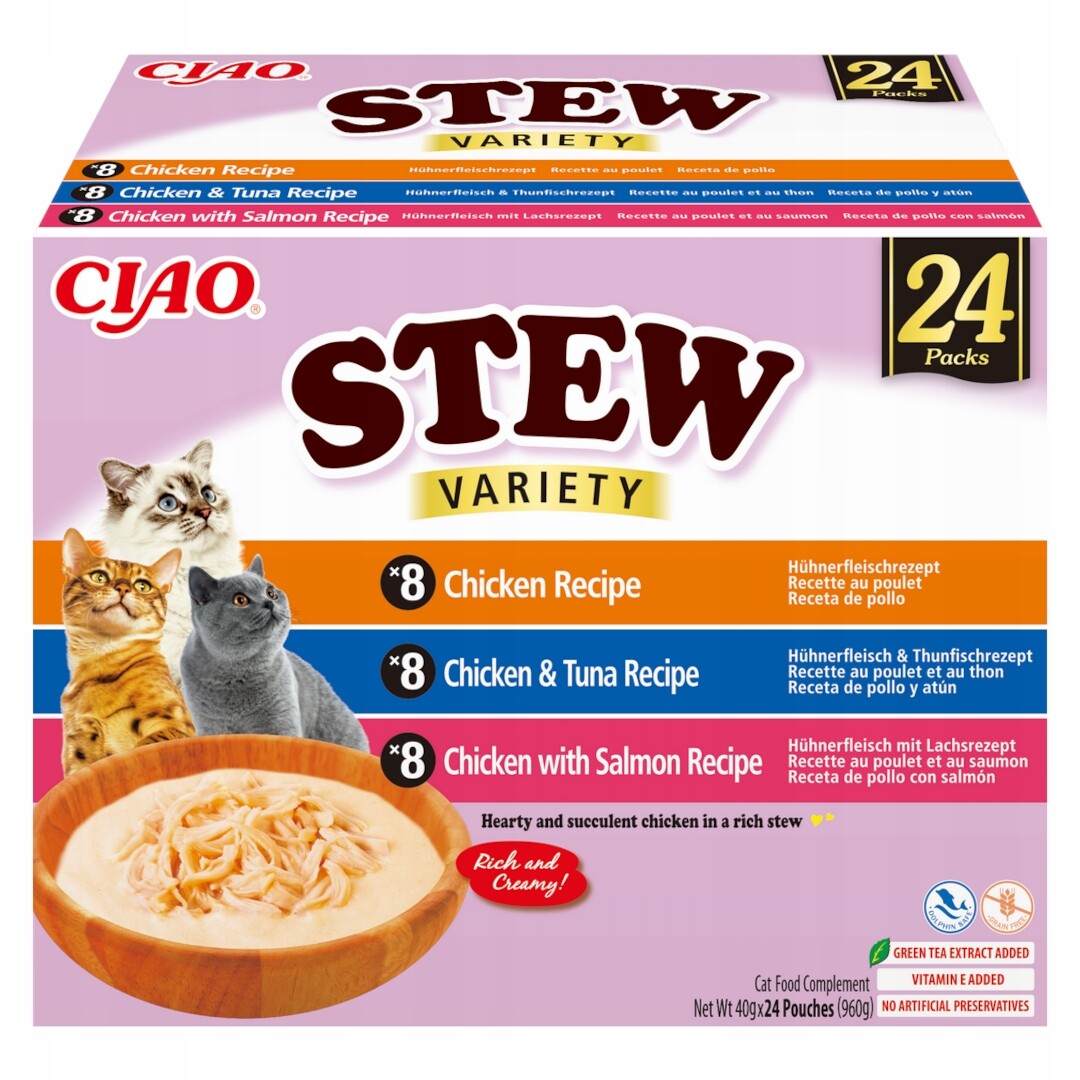 Inaba Cat Ciao Stew 24x40g Doplňkové Krmivo Pro Kočky Kuřecí tuňák a losos