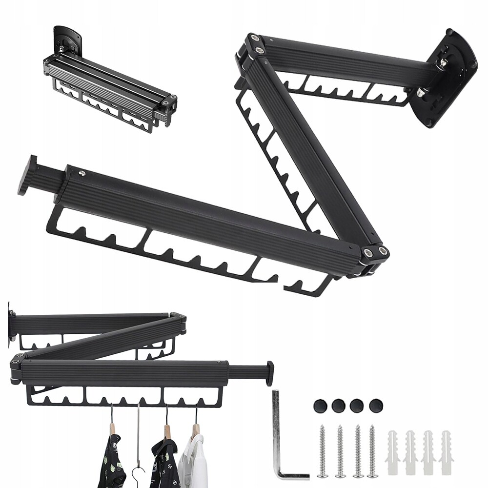 Výsuvný Věšák Na Oblečení Namontovaný Na Stěně, Skládací Třikrát Černý