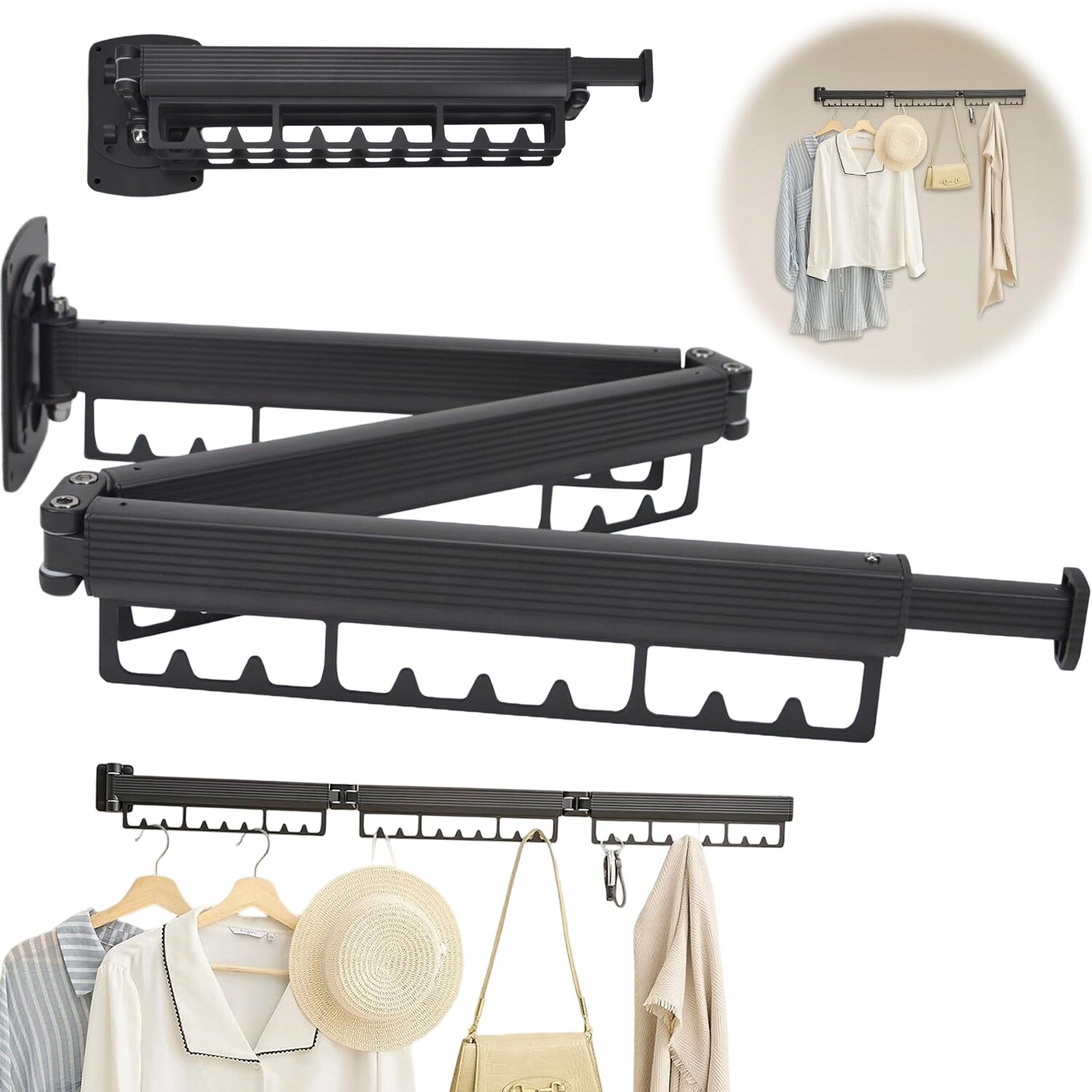 Sušák Na Prádlo Teleskopický Nástěnný Věšák Hliník Černá 30