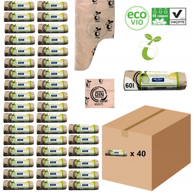 Biologicky rozložitelné kompostovatelné sáčky Atest 60L 400 kusů 40 rolí Sipeko