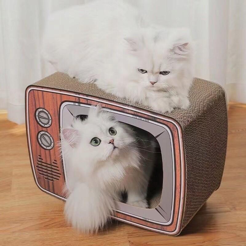 Retro kartonové škrabadlo pro kočky Tv s koťátkem 44×34×23 cm