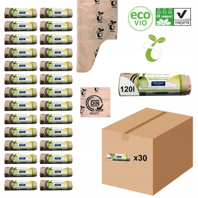 Biologicky rozložitelné kompostovatelné sáčky Atest 120L 300 kusů 30 rolí Sipeko
