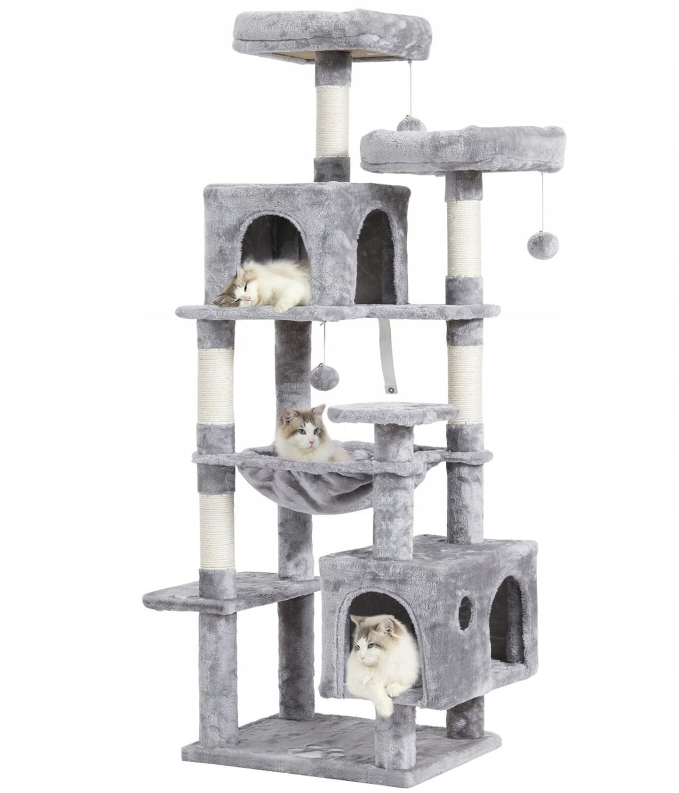 Škrabadlo Pro Kočky 160 CM Sikaiс Multi – 2 Plošiny, 2 Domečky, Houpací Síť, Sisal