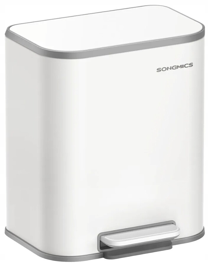 Bílý odpadkový koš 20 l kuchyňský kancelářský ocelový s víkem s pomalým sklápěním