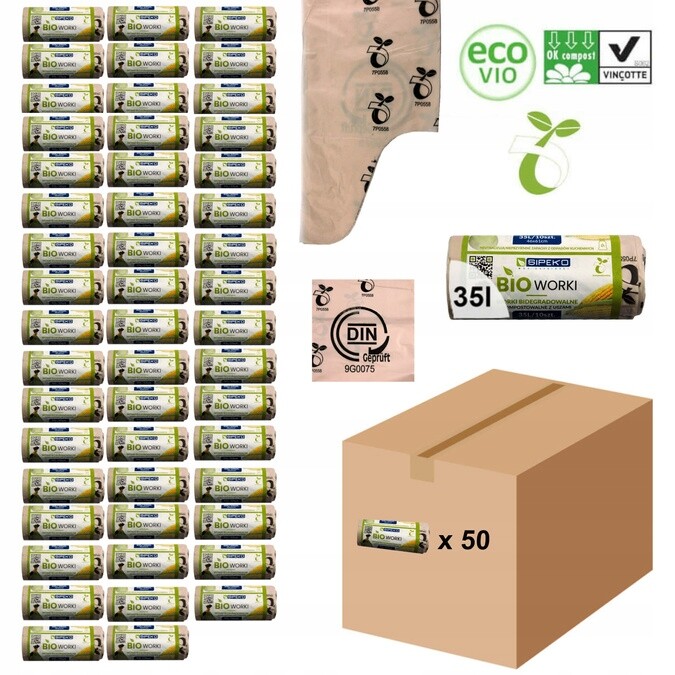 Biologicky rozložitelné kompostovatelné sáčky Atest 35L 500 kusů 50 rolí Sipeko