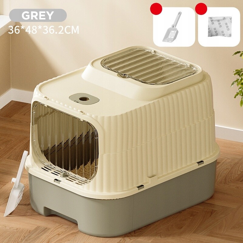 Aidog Krytá Kočičí Toaleta XL s otevírací horní částí 49×37×37 cm – Béžovo-šedá