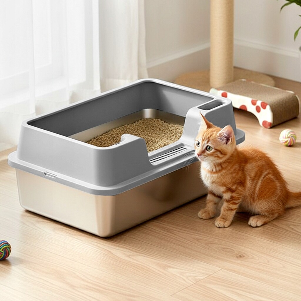 Velká šedá toaleta pro kočky otevřená z nerezové oceli 60*40 cm Odolná