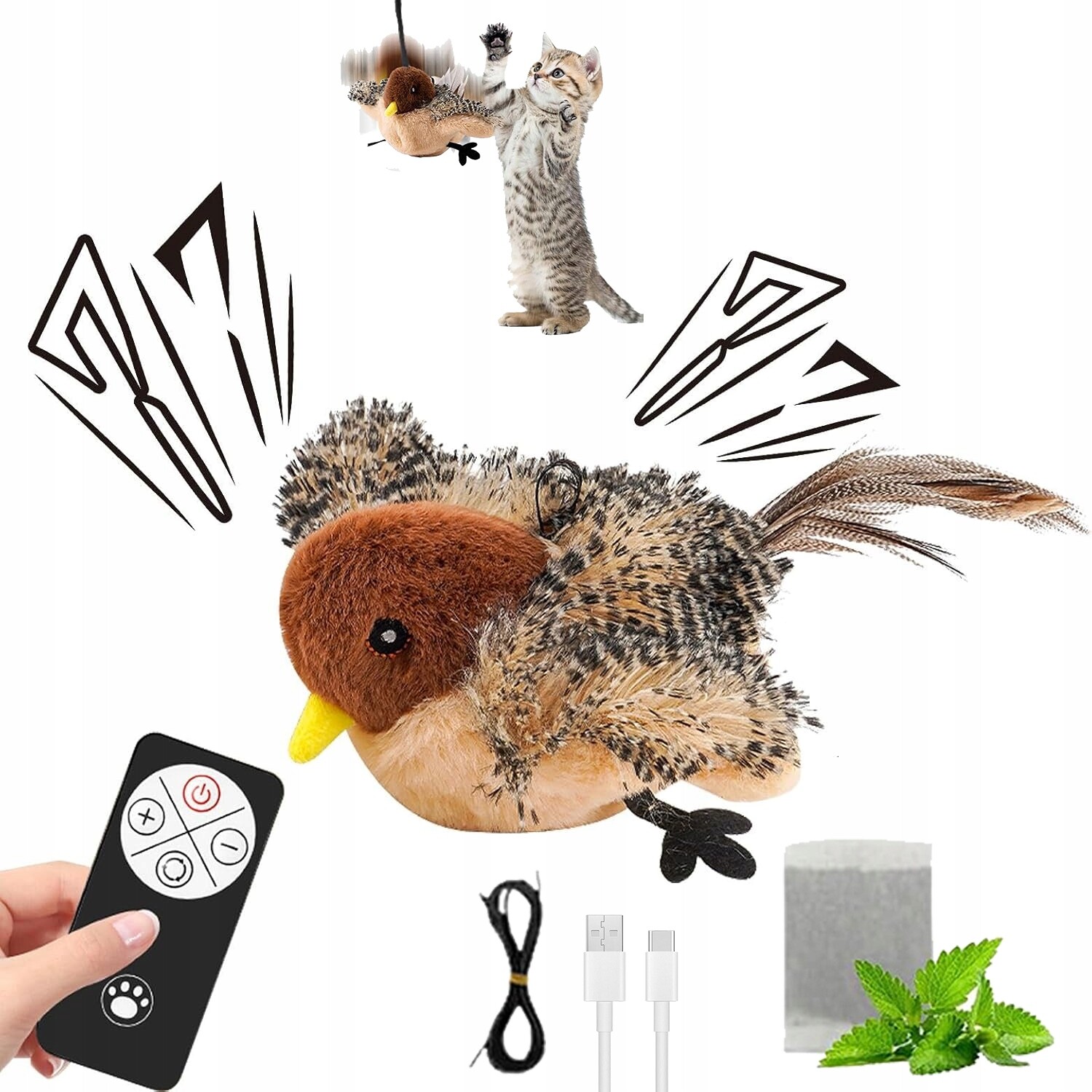 Interaktivní Ptáčí hračka pro psy kota se štěbetáním a pohybem