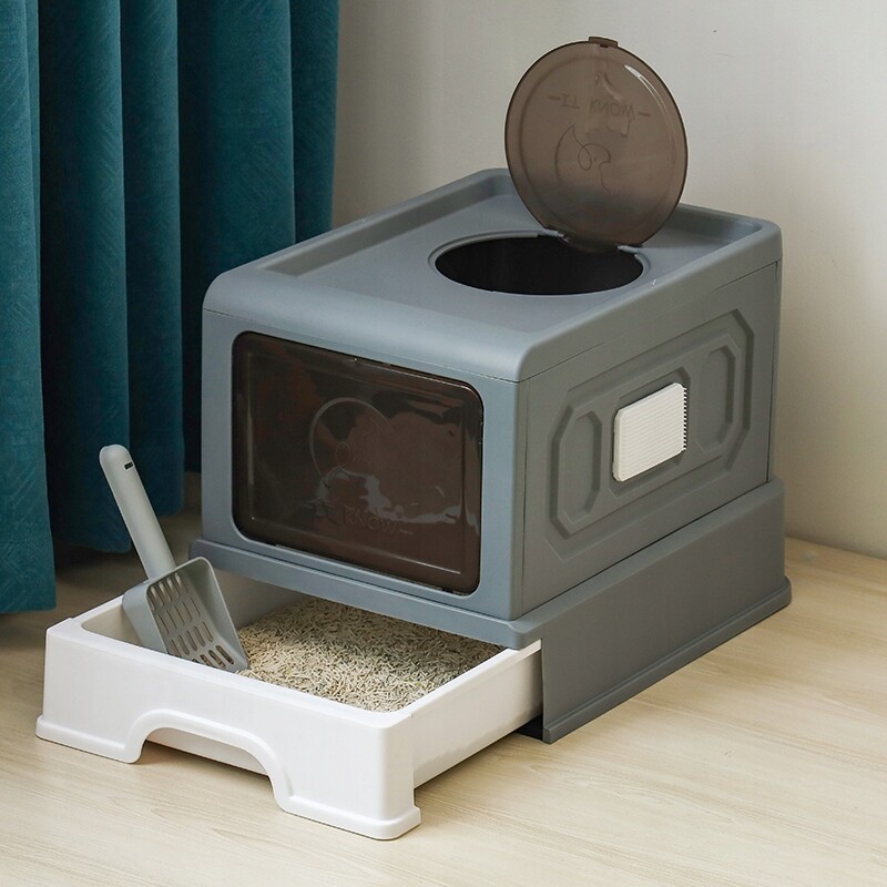 Krytá kočičí toaleta Aidog šedo-bílá 50×38×36 cm s zásuvkou a horním vchodem