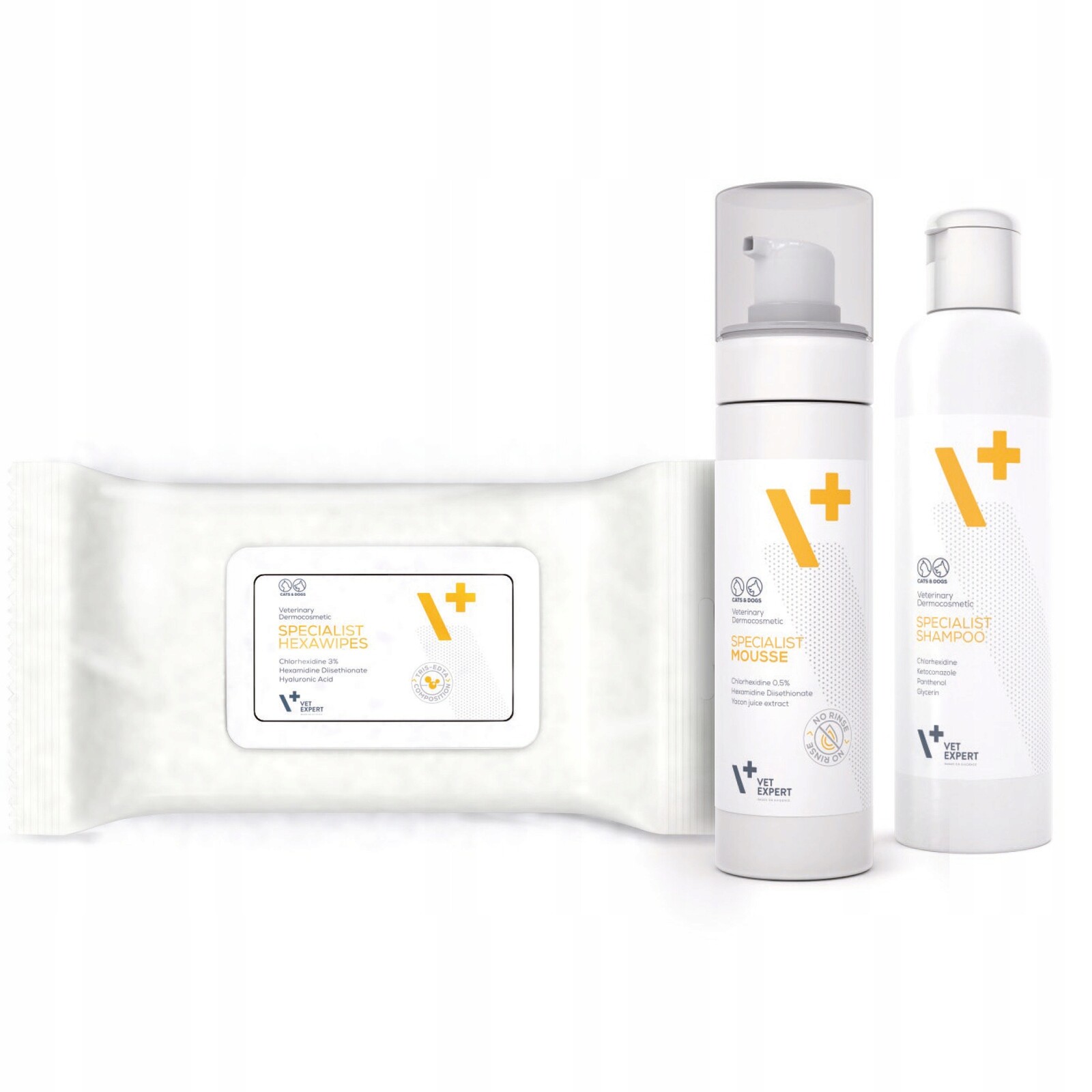 Vet Expert Specialist Line: Shampoo, Mousse, Hexawipes – na kožní infekce