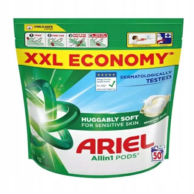 Ariel Kapsle Sensitive 50 ks, hypoalergenní, jemné pro citlivou pokožku