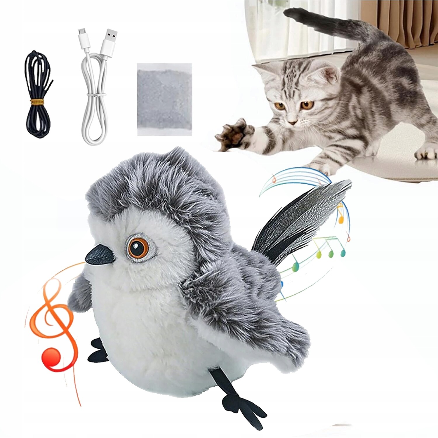Interaktivní Ptáčí hračka pro psy kota se štěbetáním a létajícím zvukem