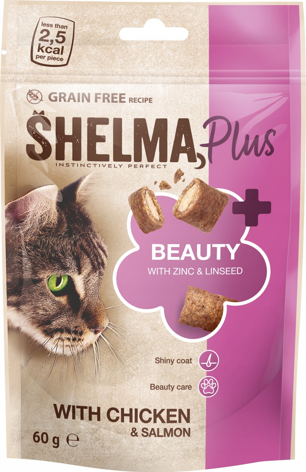 9X Shelma Beauty bezobilná pochoutka pro kočky s kuřecím masem a lososem 60 g