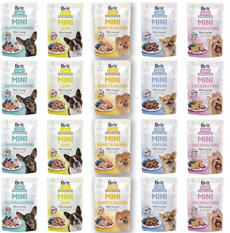 Mini Malí Psi Vlhké krmivo pro psy Sáčky Brit Care Mini 20x85g MIX Chutí