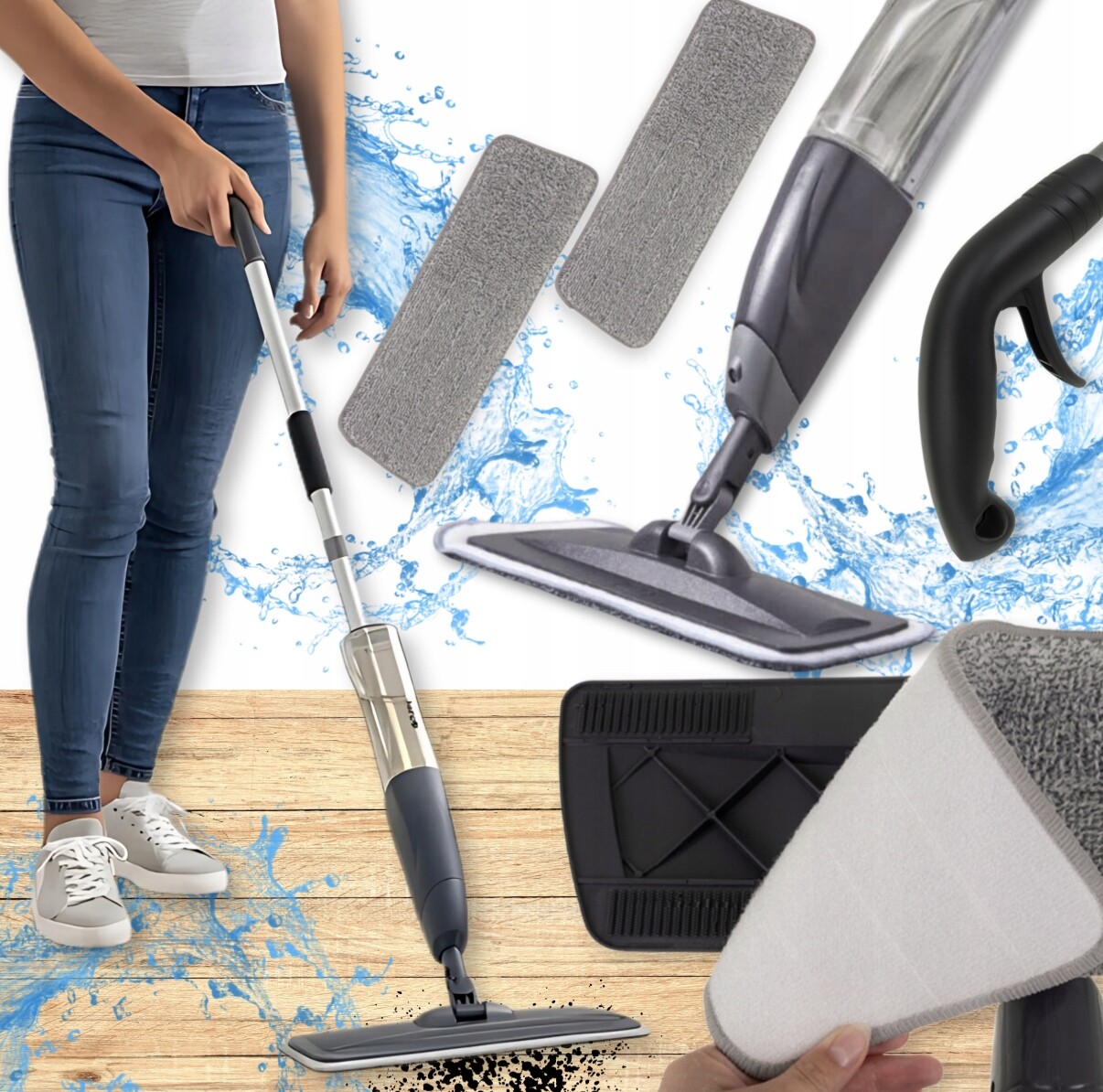 Plochý Mop S Postřikovačem 600 ml mikrovlákno 2 Utěrky Vložky Dlouhé